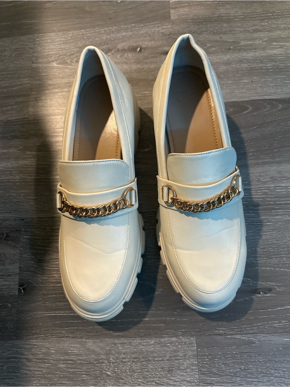 JustFab Cream Loafers with Gold Chain Accent